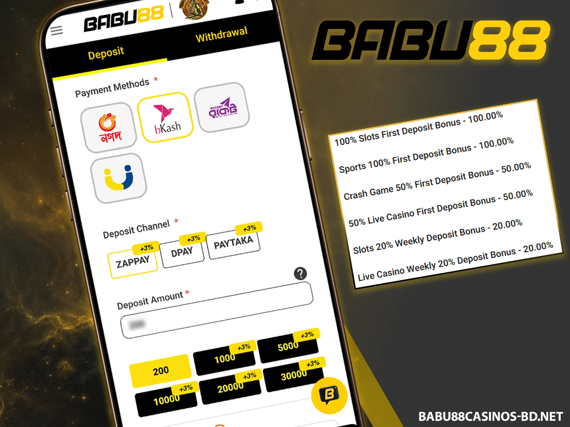 Add funds to your account via the official Babu88 website.