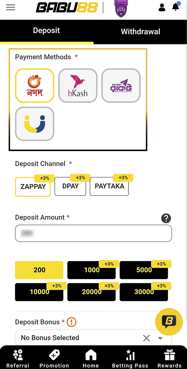 Choose your payment provider on the official Babu88 website.