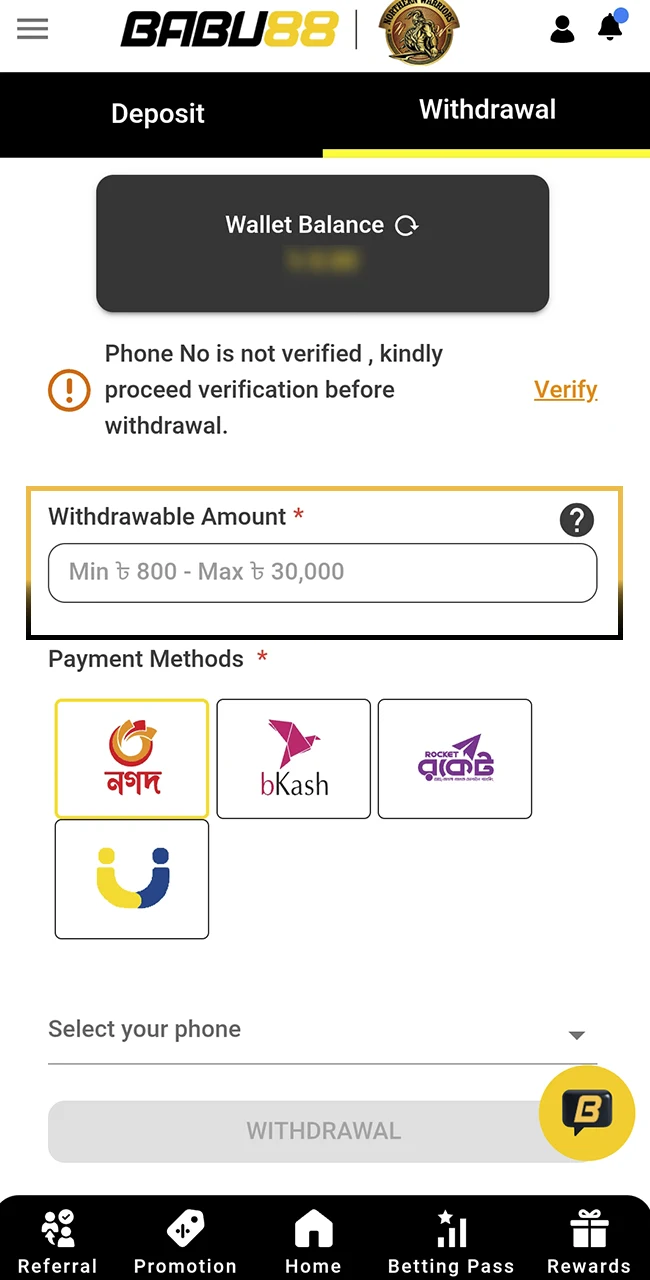 Input your cash out amount on the Babu88 website in Bangladesh.