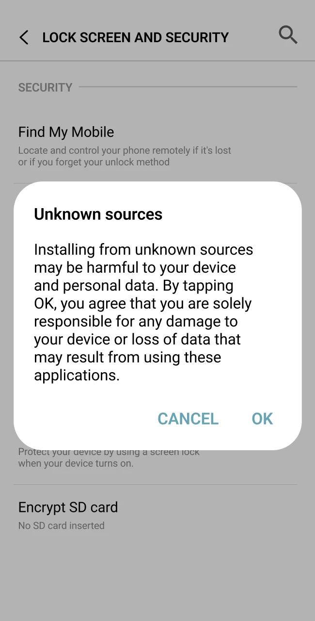 Security settings menu to allow the installation of the Babu88 app.