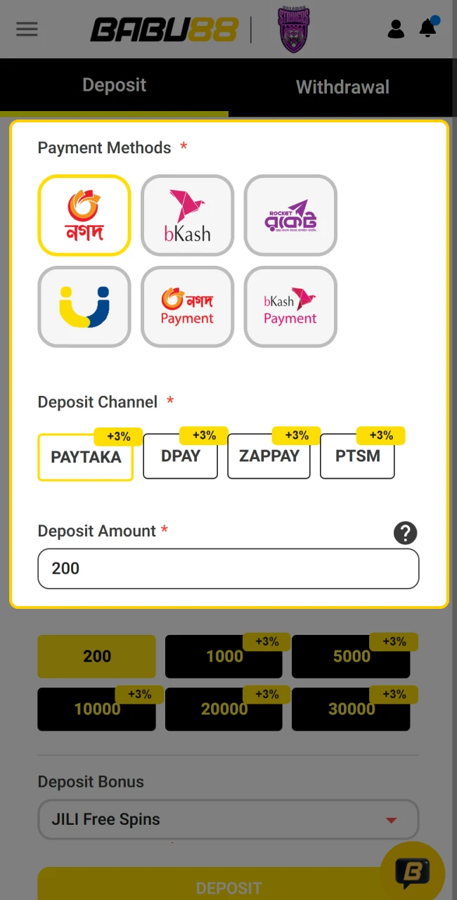 Funding a Babu88 account using local payment methods like bKash.
