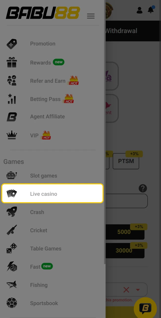 Navigating the Babu88 live dealer game categories and lobby.