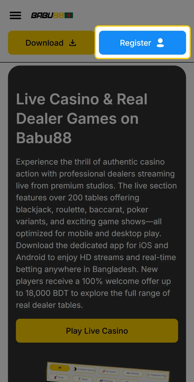 Form for creating a new Babu88 player profile in Bangladesh.