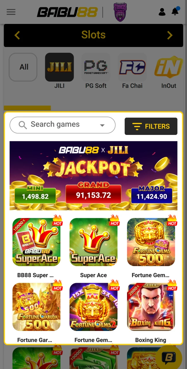 Gallery of available slot titles filtered by provider and popularity.