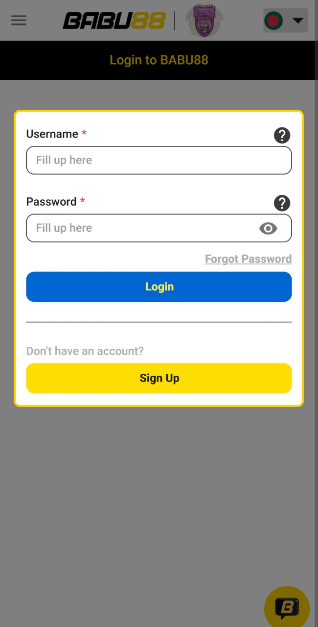 User authentication portal for accessing the Babu88 casino dashboard.