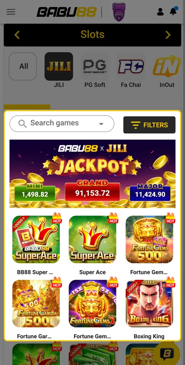 Gallery of available slot titles filtered by provider and popularity.